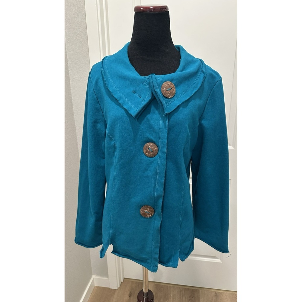 Neon Buddha Artsy Cotton jacket Turq/Teal Collar Oversized Buttons S Lagenlook